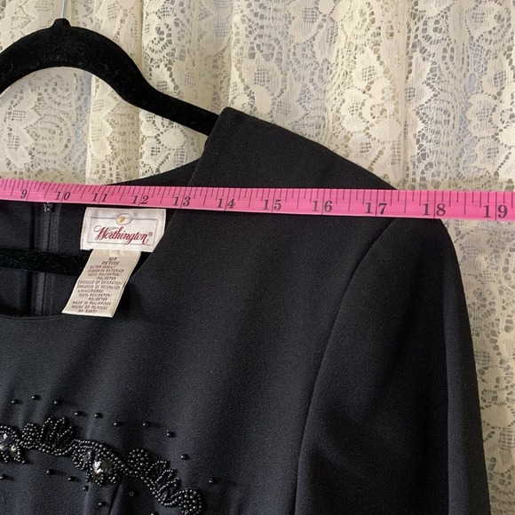 Worthington Black Lined Long Dress‎ Round Neck Short Sleeve Beaded Design Size 8 - Picture 6 of 9